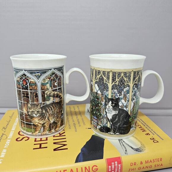 Dunoon Cup Cat Christmas Mugs Set Of 2 Scotland Window Sue Scullard C15 - Picture 1 of 5